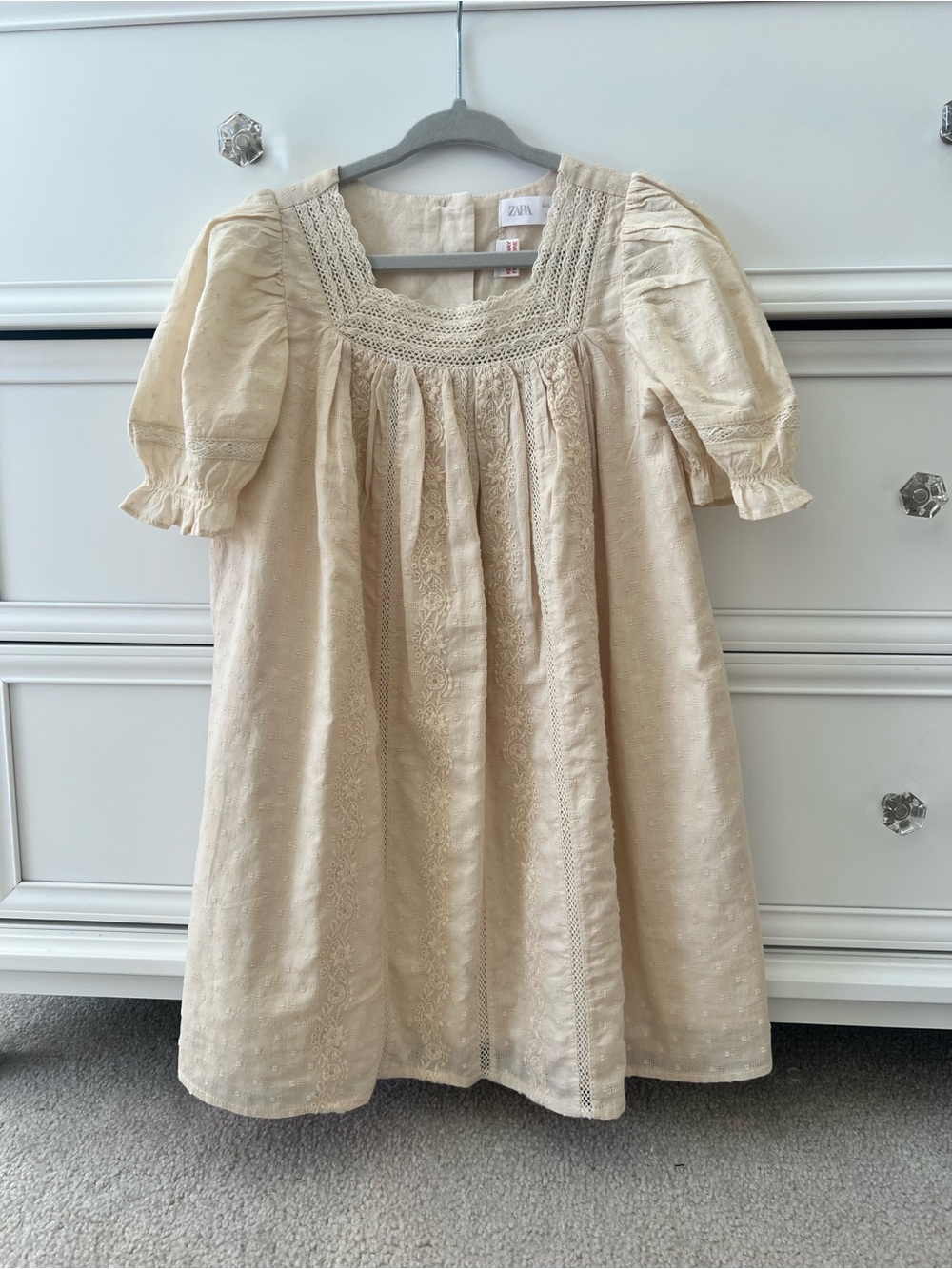 Zara Cream Embroidered Puff-Sleeve Dress